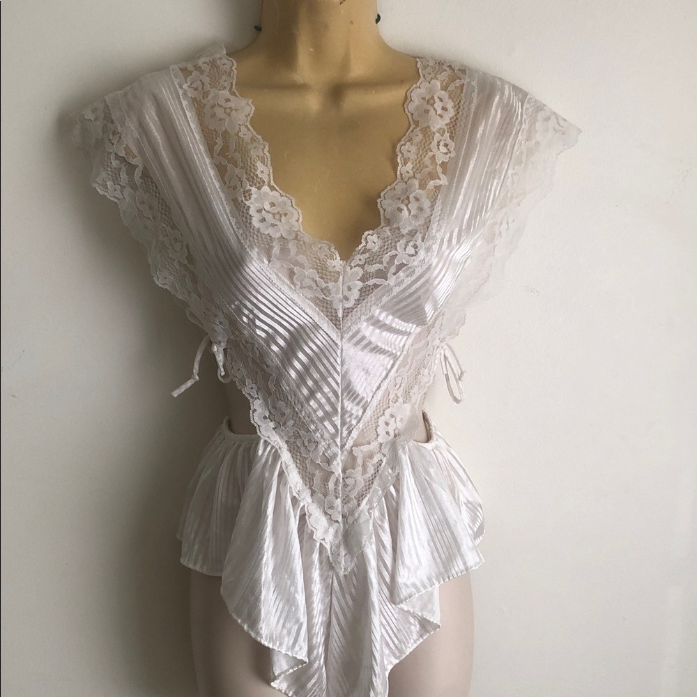 Delicate White Lace-Trim Satin Chemise Bodysuit